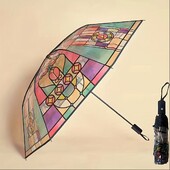 Umbrelă de călătorie portabilă cu deschidere și închidere complet automată, cu model de flori pentru fereastră retro, 1 buc.