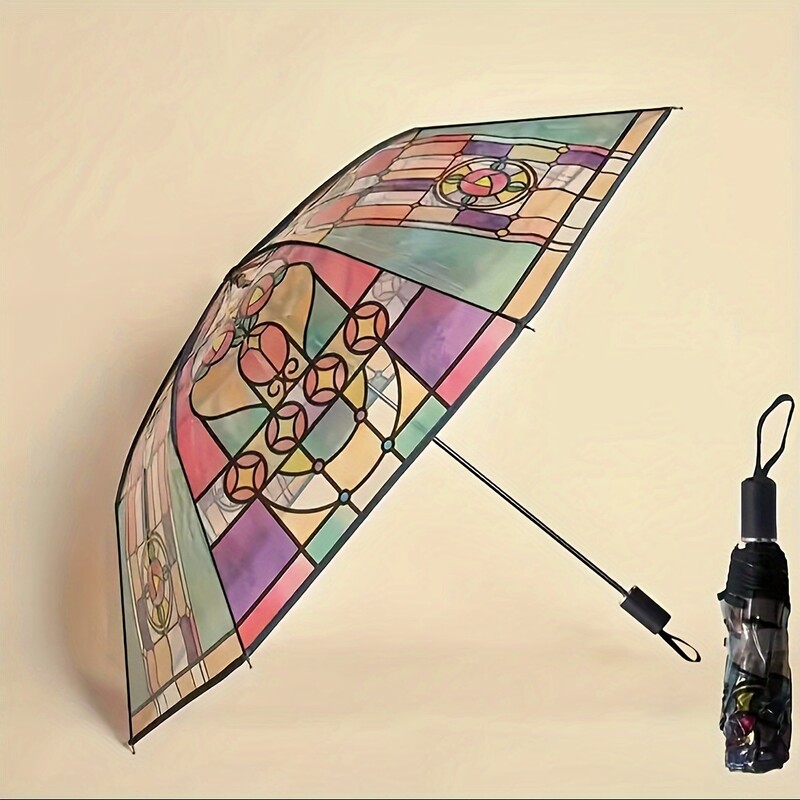Umbrelă de călătorie portabilă cu deschidere și închidere complet automată, cu model de flori pentru fereastră retro, 1 buc.