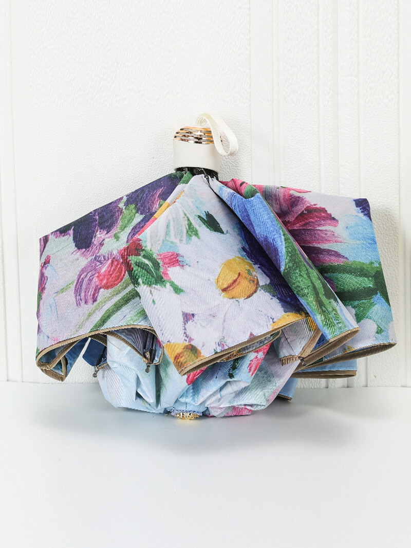 Divslāņu audums, salokāms iekšējais apdrukāts mazs melns lietussargs, saulains un lietains divējāda lietojuma UV aizsardzības lietussargs