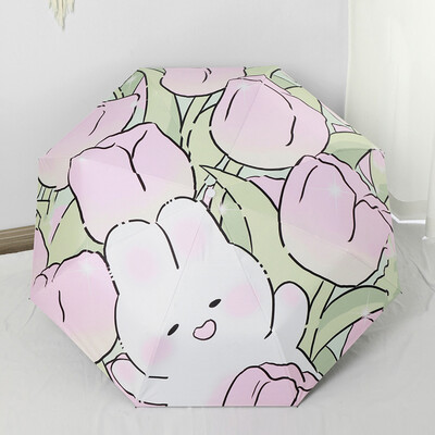 Háromszor összecsukható fekete gél napvédő automata tulipán nyúl esernyő UV védelem napernyő Kettős célú összecsukható esernyő