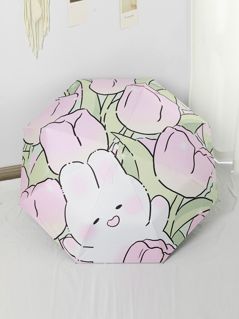 Háromszor összecsukható fekete gél napvédő automata tulipán nyúl esernyő UV védelem napernyő Kettős célú összecsukható esernyő