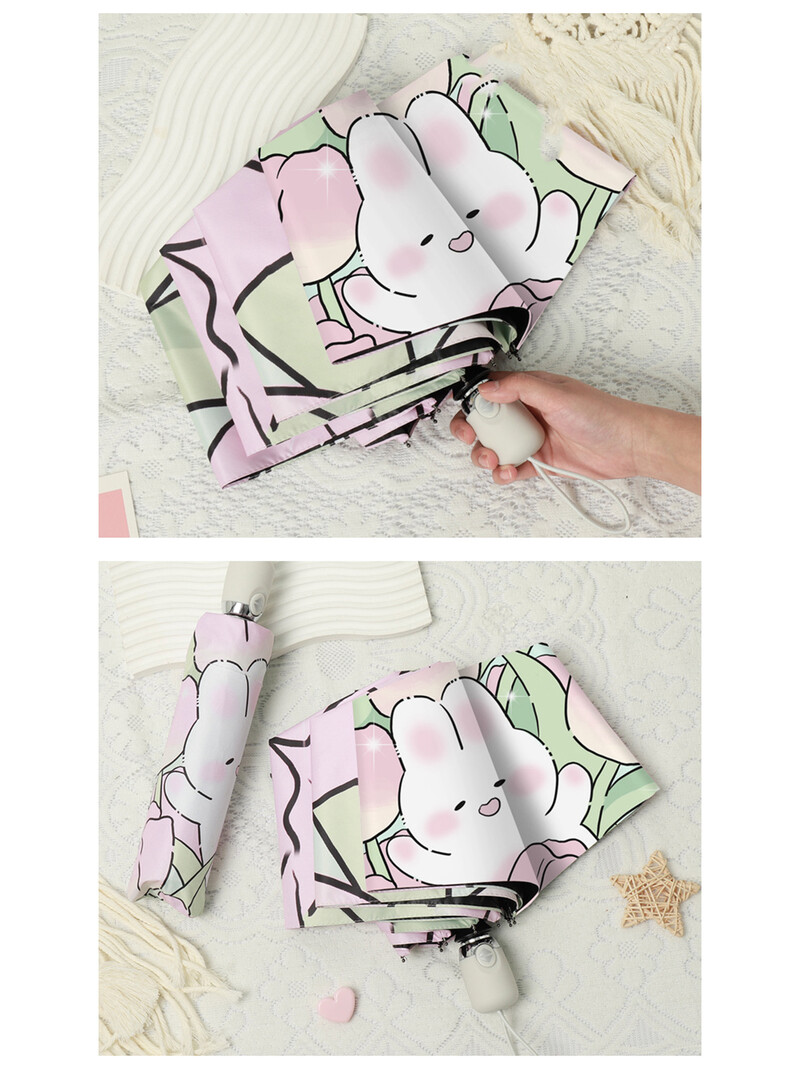 Háromszor összecsukható fekete gél napvédő automata tulipán nyúl esernyő UV védelem napernyő Kettős célú összecsukható esernyő