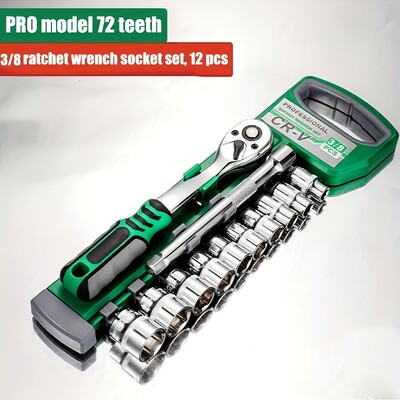72 Zobu 12 gabalu sprūdrata uzgriežņu atslēgas ligzdas komplekts 1/4 "-3/8" -1/2 " Ātri atbrīvojams reversīvs rokturis, ko izmanto automobiļu apkopei