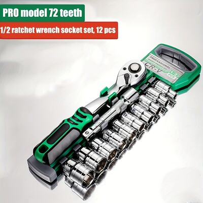 72 Zobu 12 gabalu sprūdrata uzgriežņu atslēgas ligzdas komplekts 1/4 "-3/8" -1/2 " Ātri atbrīvojams reversīvs rokturis, ko izmanto automobiļu apkopei