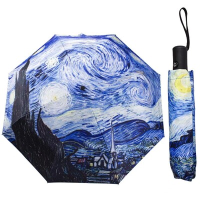 Pictură în ulei Van Gogh Umbrelă automată Umbrelă mică de vinil proaspătă Pictură în ulei Rezistent automat la vânt Rezistent la vânt Pliere la soare