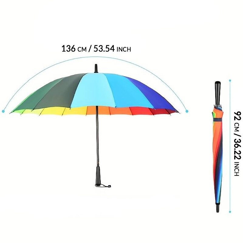 Dlhý dáždnik 92 cm, 16 hrotov, štýlový a moderný, viacfarebný a jednofarebný, ergonomická rukoväť, hladká a ľahko prenosná, obrátený hrot tyče pre veľmi robustnú oporu, jasné farby a výrazná kovová kostra.