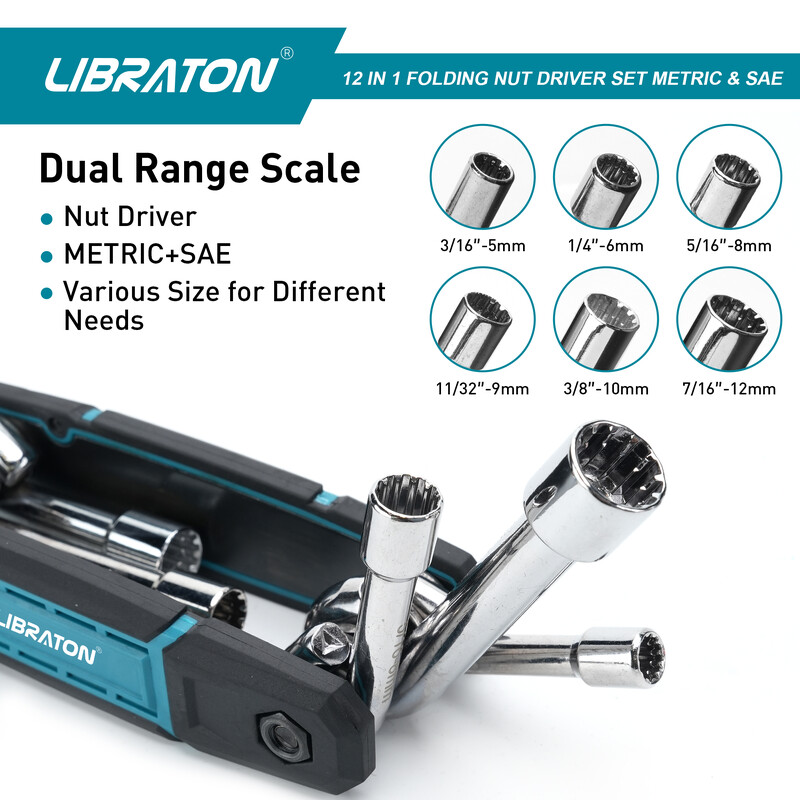 LIBRATON 12-ühes kokkuklapitavad mutrikeerajate komplekt, METRIC- ja SAE-suurusega kuuskantmutrikeeraja komplekt, kuuskantmutrikeeraja komplekt (Cr-V) võlli mutrikeeraja komplekt