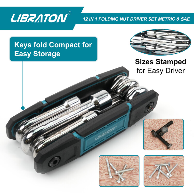 LIBRATON 12-ühes kokkuklapitavad mutrikeerajate komplekt, METRIC- ja SAE-suurusega kuuskantmutrikeeraja komplekt, kuuskantmutrikeeraja komplekt (Cr-V) võlli mutrikeeraja komplekt