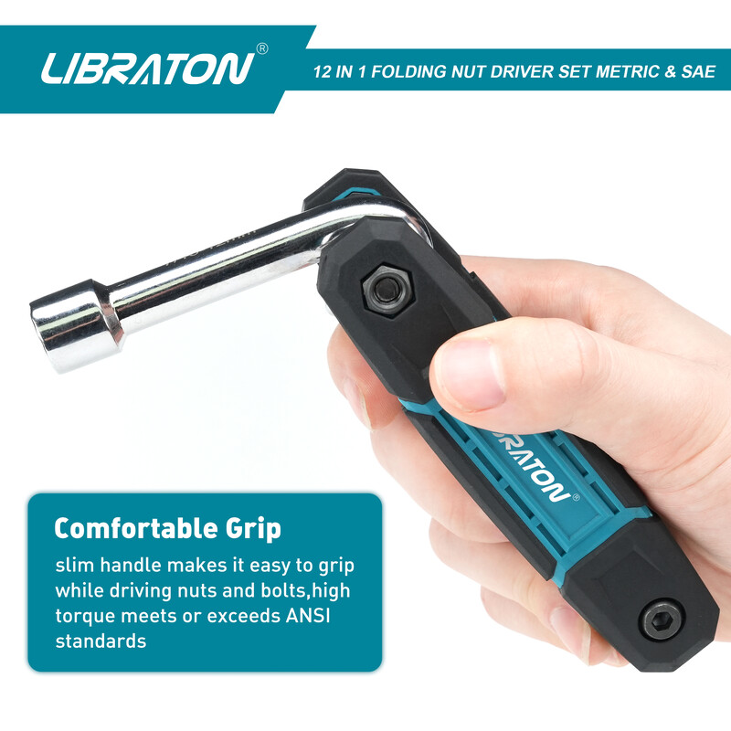 LIBRATON 12-ühes kokkuklapitavad mutrikeerajate komplekt, METRIC- ja SAE-suurusega kuuskantmutrikeeraja komplekt, kuuskantmutrikeeraja komplekt (Cr-V) võlli mutrikeeraja komplekt