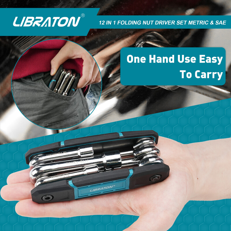 LIBRATON 12-ühes kokkuklapitavad mutrikeerajate komplekt, METRIC- ja SAE-suurusega kuuskantmutrikeeraja komplekt, kuuskantmutrikeeraja komplekt (Cr-V) võlli mutrikeeraja komplekt