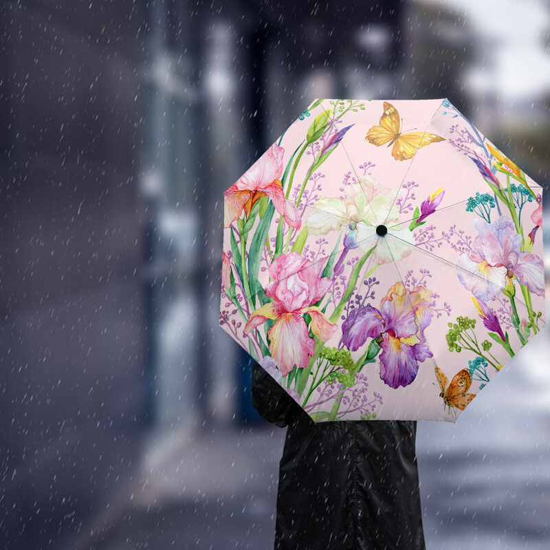 Sarkani ziedi tauriņš, zaļas lapas, augu pielāgoti automātiskie lietussargi sievietēm vīriešiem, vēja necaurlaidīgi, salokāmi lietussarga saulessargi