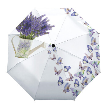 Μωβ λουλούδι Lavender Dragonfly White Προσαρμοσμένες Αυτόματες Ομπρέλες για Γυναικείες Ανδρικές αντιανεμικές πτυσσόμενες ομπρέλα βροχής