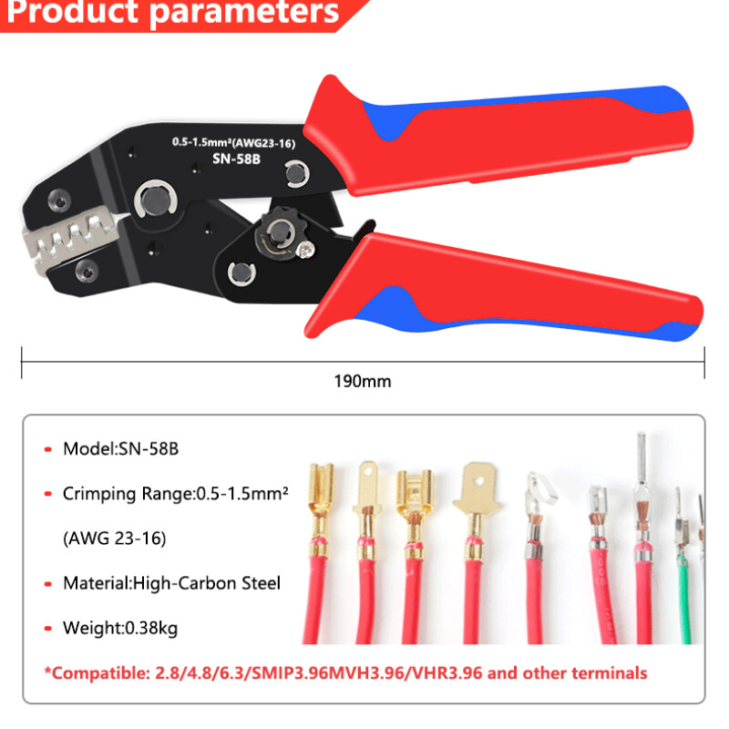 Krimpovacie kliešte SN-58B Dupont TE JST Molex na vodiče s konektormi 0,25-1,5 mm2, neizolované, s otvoreným valcom