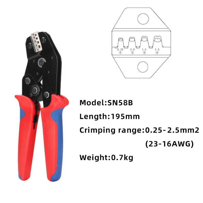Krimpovacie kliešte SN-58B Dupont TE JST Molex na vodiče s konektormi 0,25-1,5 mm2, neizolované, s otvoreným valcom