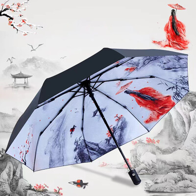 Umbrelă pliabilă din cauciuc negru stil antic Jiangshan complet automată cu 5 ori, umbrelă de soare, umbrelă de soare en-gros