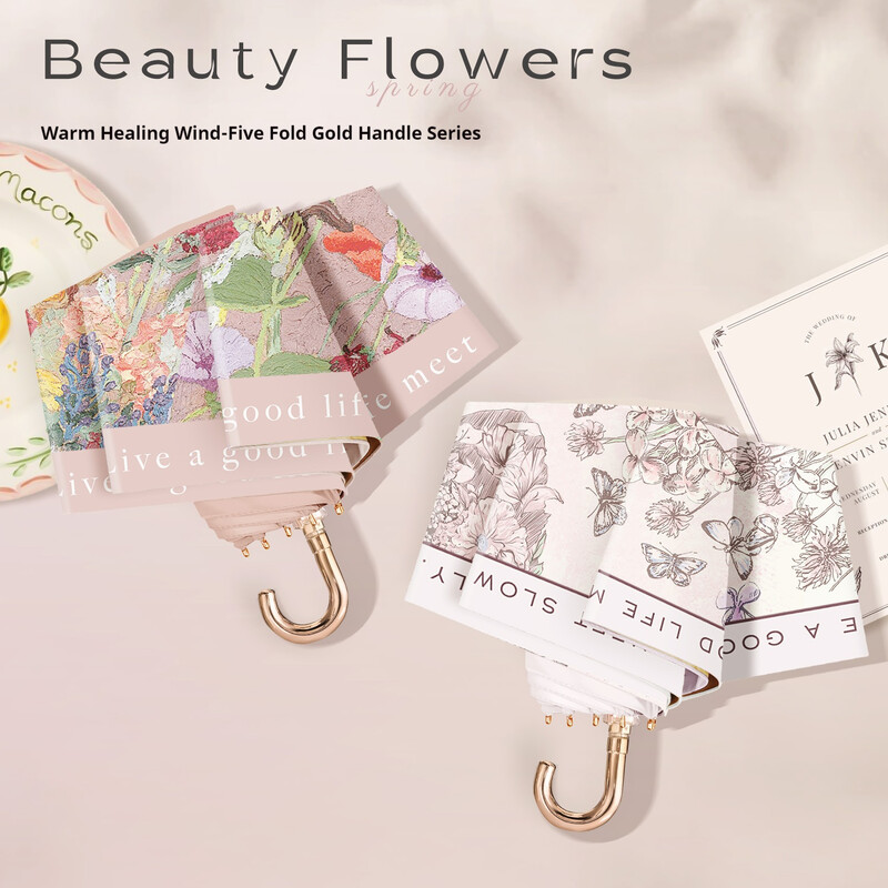 Kompakta izliekta āķa pārnēsājama franču eļļas glezna 5 reizes mazs zelta āķis UV izturīgs un lietus izturīgs saulessargs