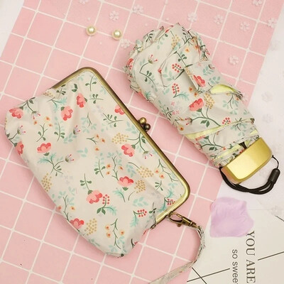 Női ultrakönnyű mini lapos fogantyús, ötösen összehajtható esernyő, virágos napos és esős esernyő, eső és tároló kézitáska