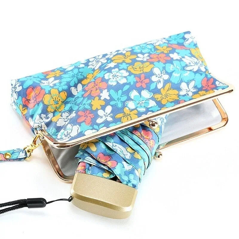 Női ultrakönnyű mini lapos fogantyús, ötösen összehajtható esernyő, virágos napos és esős esernyő, eső és tároló kézitáska