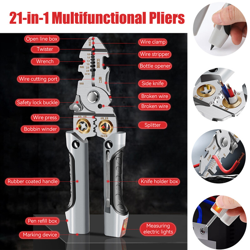 8-in-1 daudzfunkcionāls vadu noņēmējs šķēres Elektrība vadu noņēmēju knaibles Griešanas kabelis ar elektriskajām mērknaibles