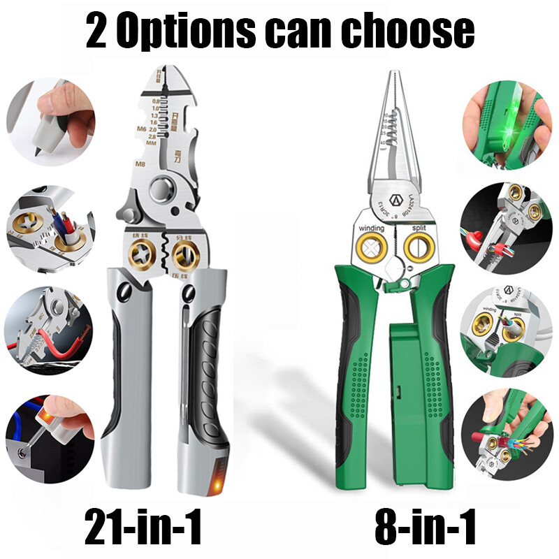 8-in-1 daudzfunkcionāls vadu noņēmējs šķēres Elektrība vadu noņēmēju knaibles Griešanas kabelis ar elektriskajām mērknaibles