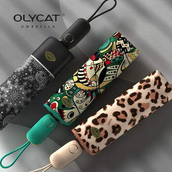 Olycat Unique Graffiti Automatic Black Glue Дамски мини чадър Сенник с джоб Чадър против UV дъжд