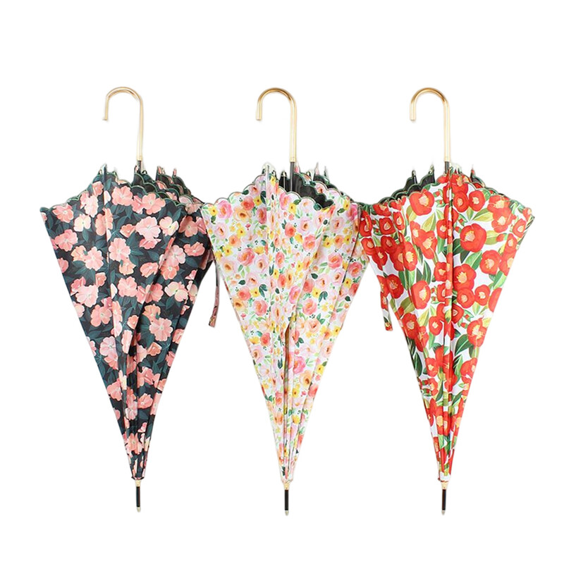 Női virágos esernyők erős szélálló friss stílusú nagy esernyők kültéri UV napvédő napernyők hosszú nyelű J horog