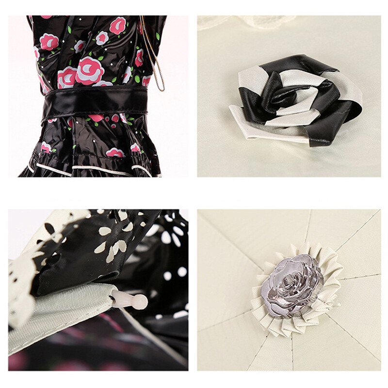 Musta päikesepitsiga vihmavari, vihma naiste pulmadekoratsioon UV-kaitsega tuulekindel päikesekaitsekreem päikesevari, mood printsess, naine, 3 volditud