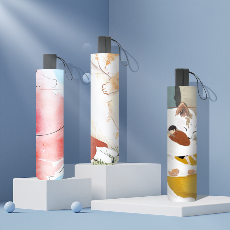 Sarkano lapu multiplikācijas animācijas lietussargs, melns pārklājums, pret UV vēju necaurlaidīgs, cute Beach Sweethearts lietussargs, iekšējais apdrukas kaķis