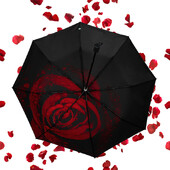 Sarkano lapu Trīs salokāms manuāls lietussargs, melns līmes pārklājums. Rožu apdruka, ziedu raksts Lietussargs Saules un lietus aizsardzības lietussargs