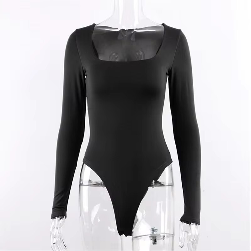 Bodijs ar garām piedurknēm Sievietēm Body Street Wear Drop shipping Fore Fair Sexy Bodycon Square Kakla apvalks Crotch Basic Melns kombinezons