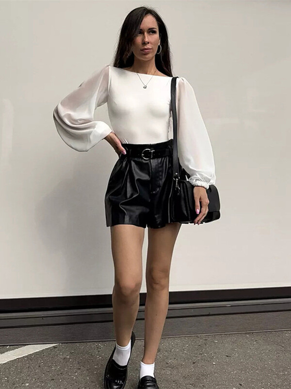 Szexi Body Női Fekete Fehér Bodycon Mesh hosszú ujjú One Pieces tömör kerek nyakú bodyk Jumpsuit felsők Body Suit Y2K