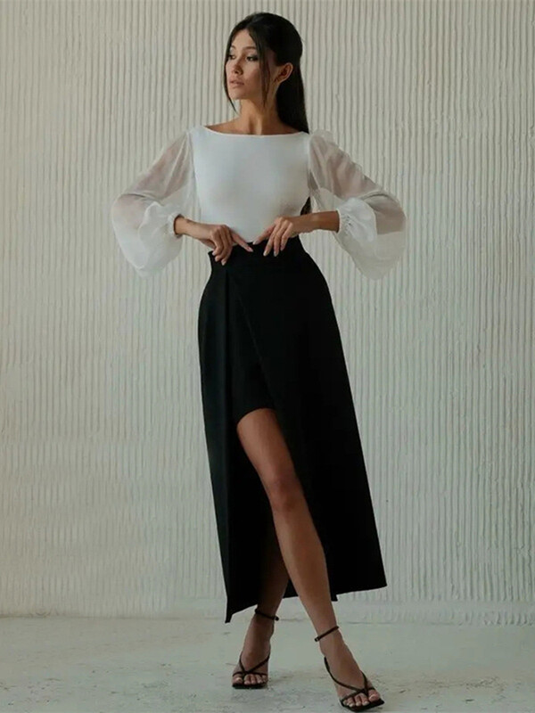 Szexi Body Női Fekete Fehér Bodycon Mesh hosszú ujjú One Pieces tömör kerek nyakú bodyk Jumpsuit felsők Body Suit Y2K