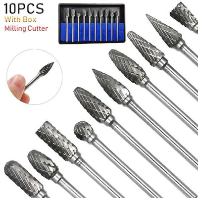 10 PCS Комплект въртящи се файлове от волфрамов карбид стомана Мелнички Аксесоари Burr Дървообработваща фреза Комплект за гравиране с титаниево покритие