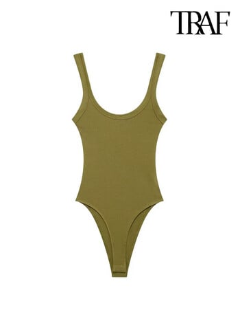 Γυναικείες φόρμες TRAF-Skinny Ribbed, O Neck, Straps, Snap-Button, Γυναικεία Playsuits, Sexy Fashion