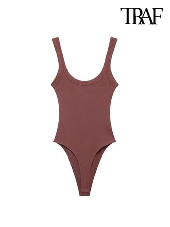 Γυναικείες φόρμες TRAF-Skinny Ribbed, O Neck, Straps, Snap-Button, Γυναικεία Playsuits, Sexy Fashion