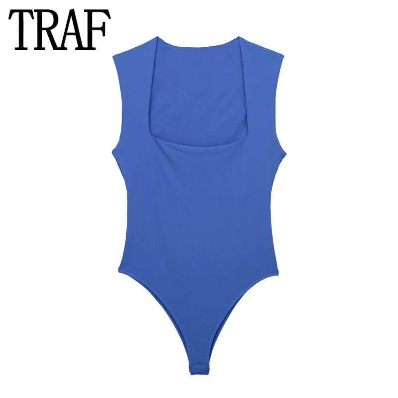 TRAF 2024 Čierna žena Body Square Elastic Bez rukávov Body Dámske Modré Biele Sexy Priliehavé Body Spodná Bielizeň Bodycon Letné Topy