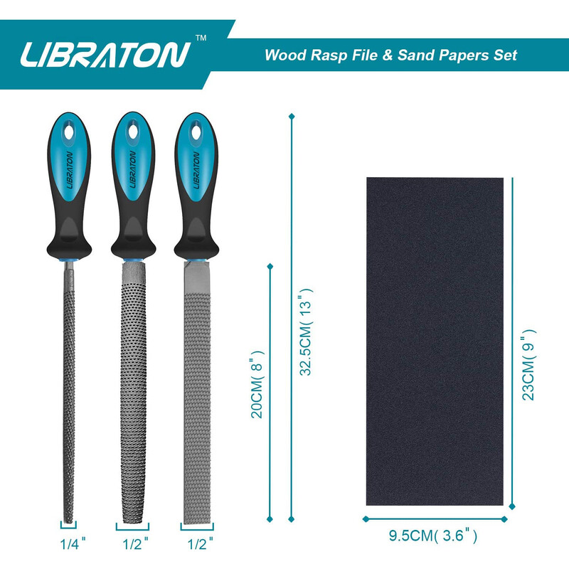 LIBRATON Set de 3 bucăți de pile din lemn cu 28 de bucăți de șmirghel Râpă de lemn pentru prelucrarea lemnului Pile de prelucrare a lemnului Raspilă rotundă semi-rotunda