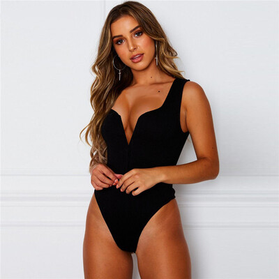 Y2K Street Clothing Spring/Summer Sexy Deep V Sleeveless Bodysuit Fashion Solid Color Slim Fit Off Back Дамски готически гащеризон