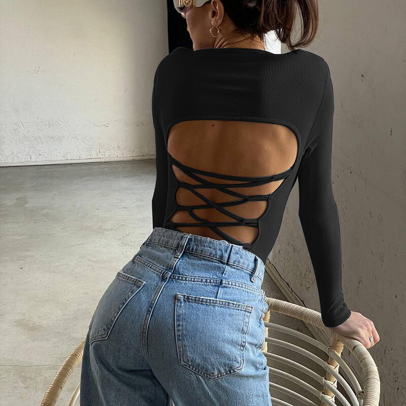 Sexy body rebrovaný ležérny body s krížovým obväzom, dámsky body top jar jeseň s hlbokým výstrihom, bodycon topy Harajuku Beachwear