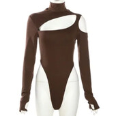 Smeđi bodi s otvorenim ramenima Ženski gornji dio s izdubljenim dugim rukavima Seksi bodi Femme Basic Casual Rompers Kombinezon Bodi
