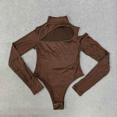 Smeđi bodi s otvorenim ramenima Ženski gornji dio s izdubljenim dugim rukavima Seksi bodi Femme Basic Casual Rompers Kombinezon Bodi