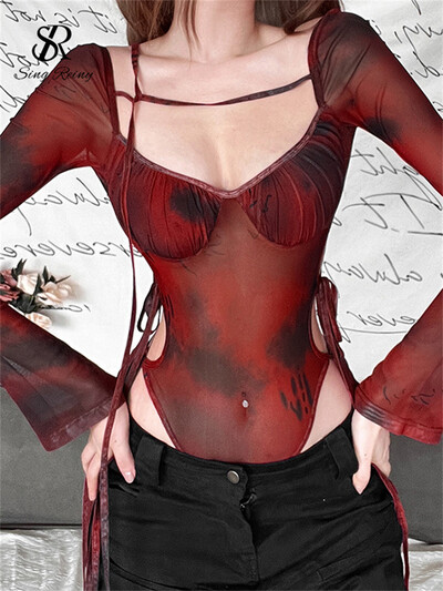 SINGREINY Americké retro streetwear plášťové body dámske dlhé rukávy so štvorcovým golierom, šnurovacie štíhle sexy overaly