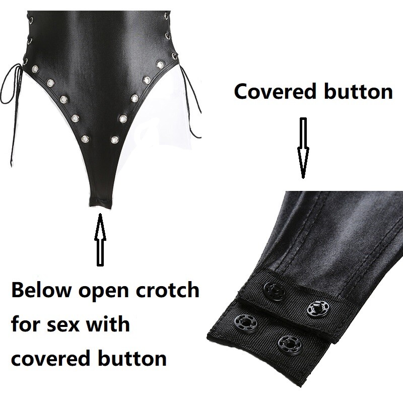 Spandex Bodijs Strappy Metāla Sprādzes Trikota Sexy Ādas Auduma Zeķubikses Porno Atvērts Kājstarpes Apakšpuses Top Sieviešu Kombinezoni Seksi