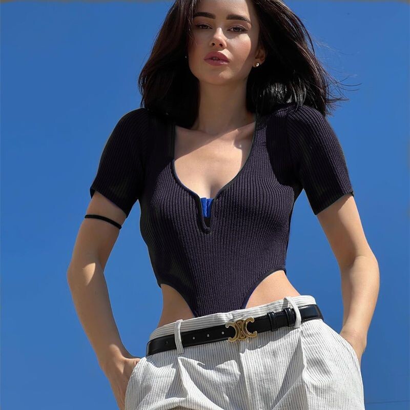 Sexy body s krátkym rukávom a vysokým pásom, hlbokým výstrihom do V a krátkym rukávom pre ženy, letné street dance štýl, slim fit topy