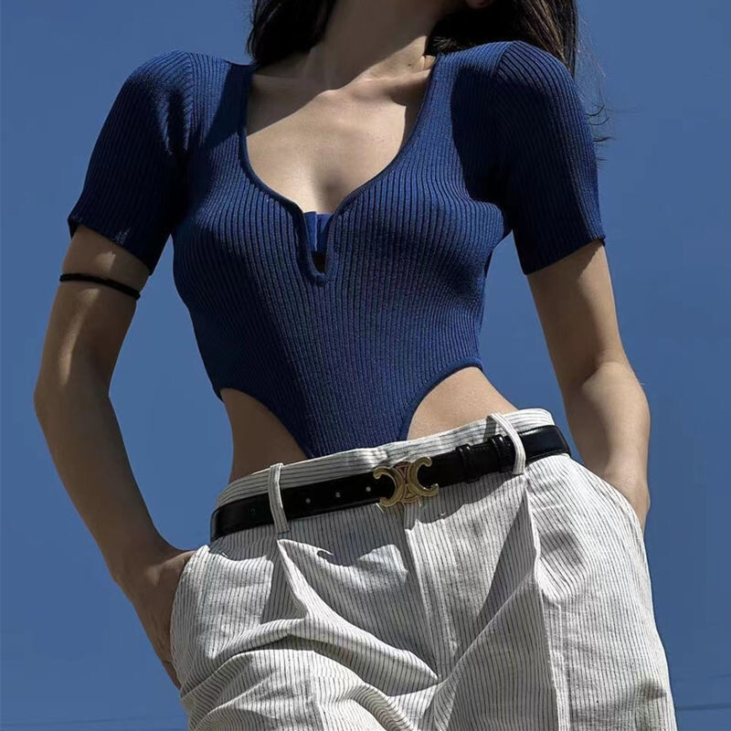 Sexy body s krátkym rukávom a vysokým pásom, hlbokým výstrihom do V a krátkym rukávom pre ženy, letné street dance štýl, slim fit topy