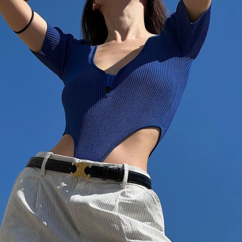 Sexy body s krátkym rukávom a vysokým pásom, hlbokým výstrihom do V a krátkym rukávom pre ženy, letné street dance štýl, slim fit topy