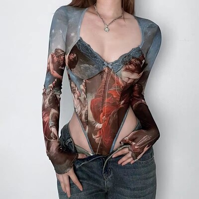 Elegantni starogrčki bodi s printom za žene Jednodijelni kombinezoni s V-izrezom Onesie Slim Fit Elastična odjeća za oblikovanje tijela s dugim rukavima