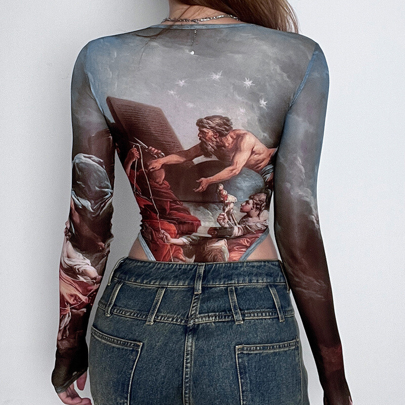 Elegantni starogrčki bodi s printom za žene Jednodijelni kombinezoni s V-izrezom Onesie Slim Fit Elastična odjeća za oblikovanje tijela s dugim rukavima