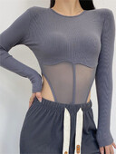 Femei Sexy Mesh Splicing Topuri dintr-o singură bucată Body Femeie cu mâneci lungi Gât rotund Slim Casual Rompers Body Cămașă Clubwear Salopetă
