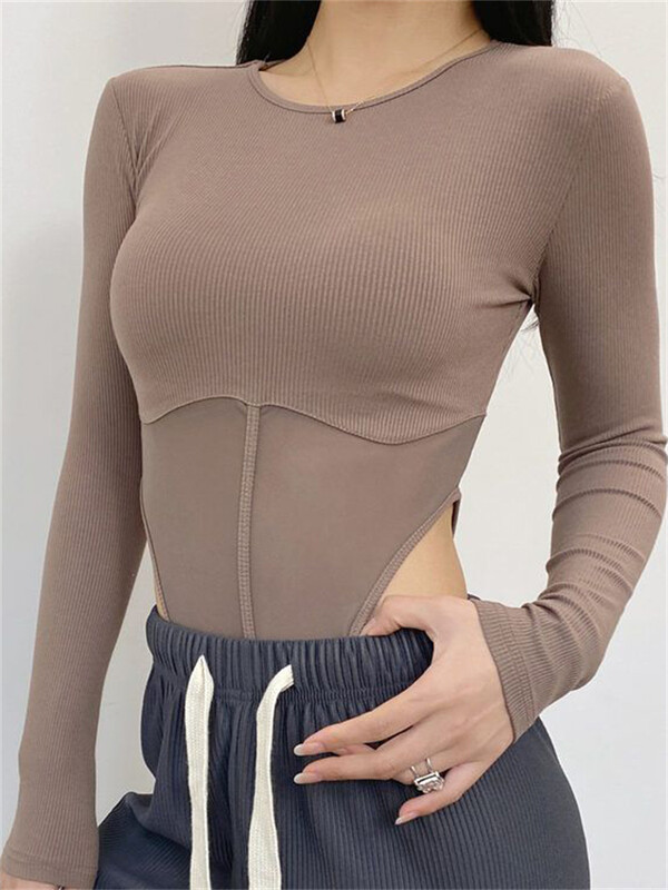 Femei Sexy Mesh Splicing Topuri dintr-o singură bucată Body Femeie cu mâneci lungi Gât rotund Slim Casual Rompers Body Cămașă Clubwear Salopetă